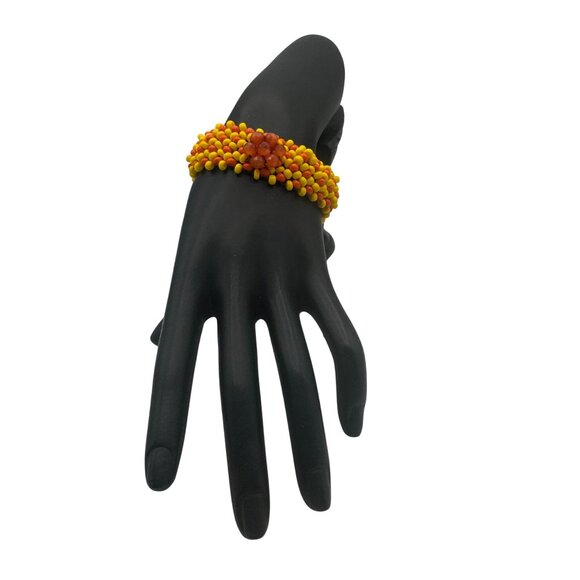 Multicolor Handmade Beaded Bracelet Stretch Elastic Yellow Orange Floral Design - Picture 2 of 5